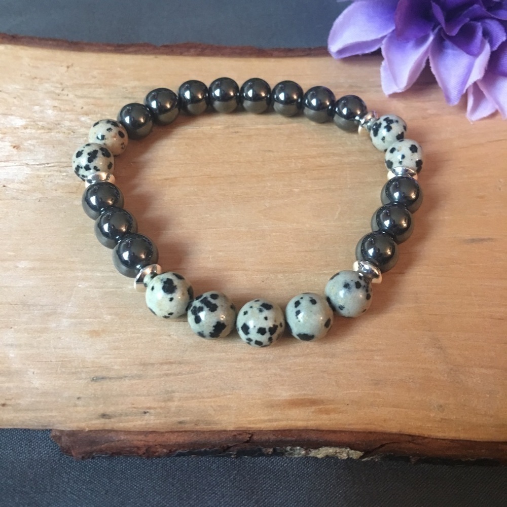 Dalmatian jasper and hematite stretch bracelet